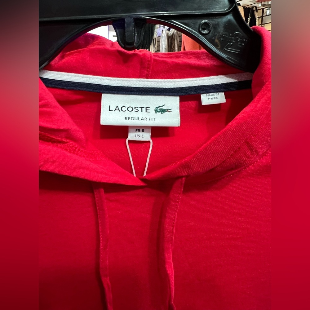 Lacoste Men's long sleeve hooded shirt regular fit Red size 5-Large new with tag - Picture 4 of 5